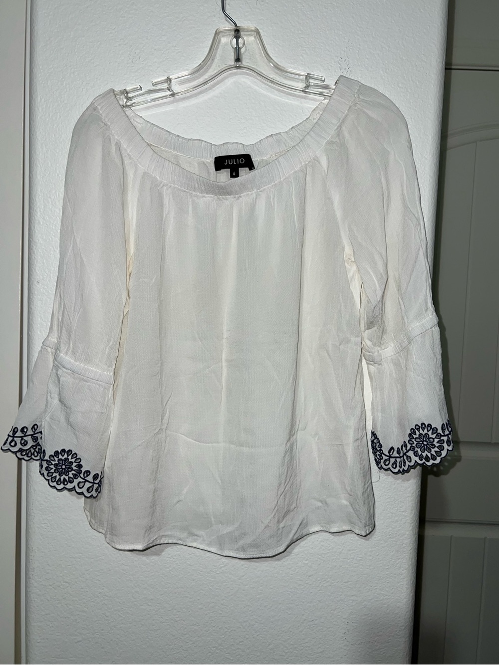 Julio White Peasant Blouse with Navy Embroidered Cuffs